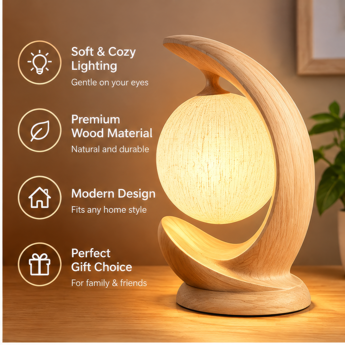 JORVYNOY® Crescent Haven Wooden Table Lamp